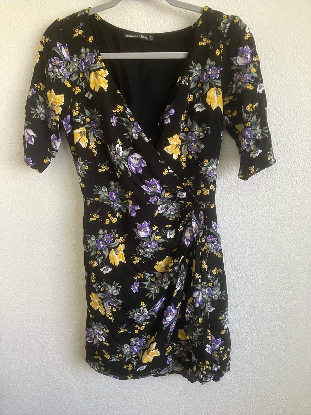 Abercrombie & Fitch Black Wrap Mini Dress with Yellow & Purple Floral Print